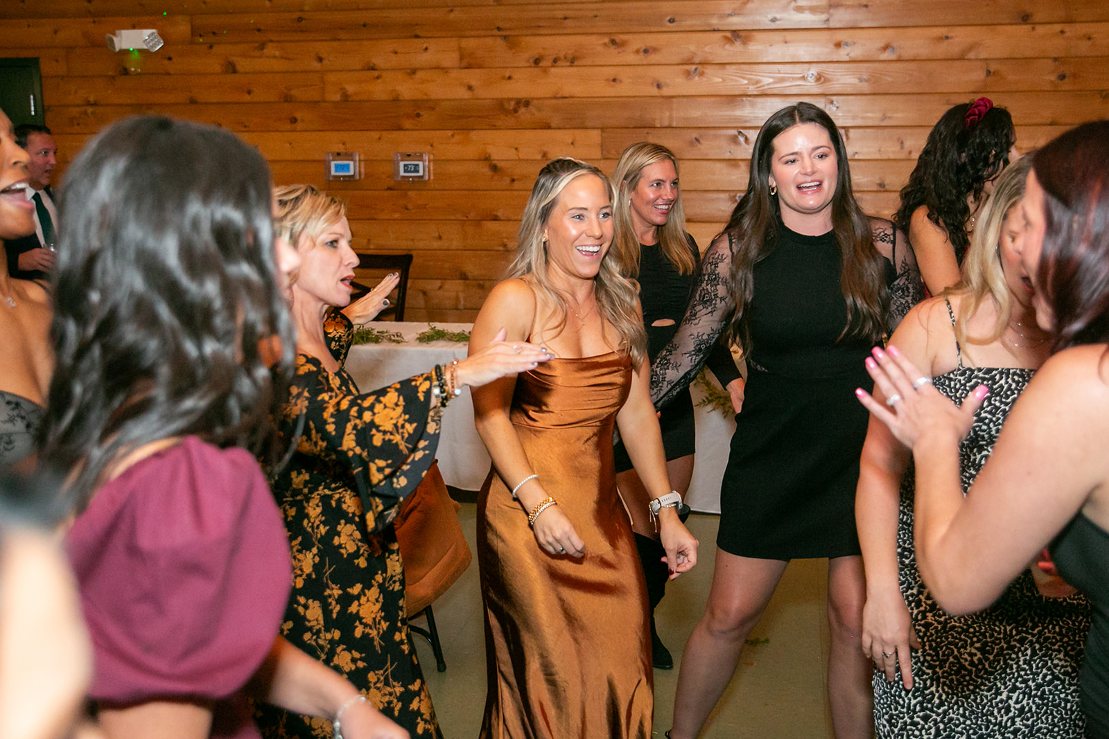 Wedding guests dancing at a reception — photograph by Jason Seward